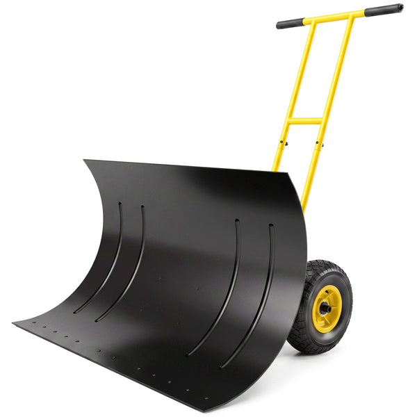 Snow Shovel with Wheels, 29" x 18" Heavy Duty Metal Snow Pusher with 5-Level Adjustable Handle, 7-Angle Blade, Bottom Wear Strip for Driveway, Sidewalks, Garden, Deck, Yellow