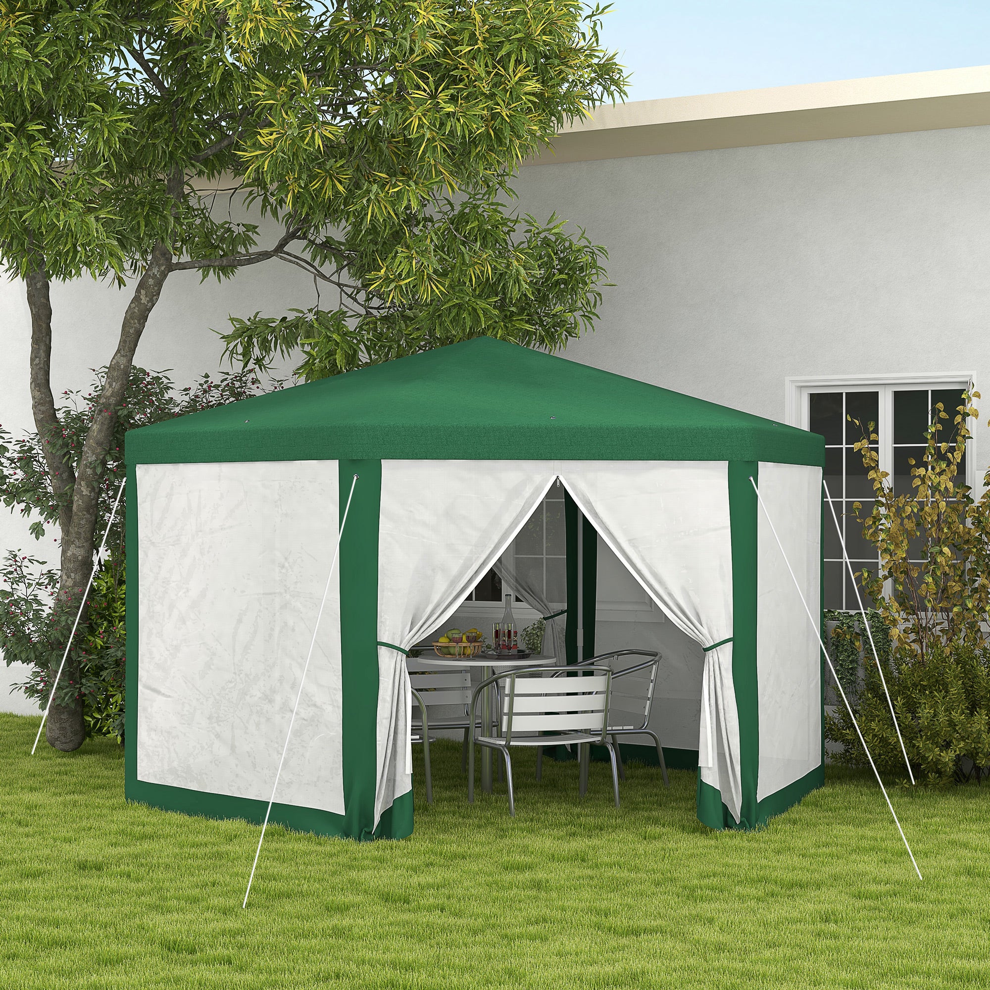 tent hexagon Outsunny 13' x 11' Hexagonal Green Sun Shelter with Mesh for Outdoor Events, Breathable