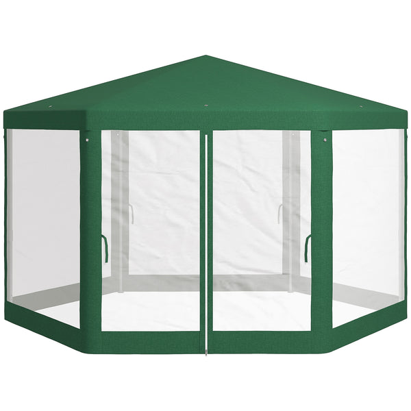 Outsunny 13' x 11' Outdoor Party Tent, Hexagon Sun Shade Shelter Canopy with Protective Mesh Screen Sidewalls, Ropes & Stakes, Green