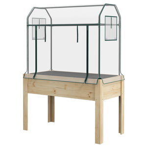 Raised Garden Bed with Plastic Greenhouse Cover and Bed Liner, Outdoor Elevated Wood Planter Box for Herbs and Vegetables, Use for Patio, Backyard, Balcony, 45 x 24 x 65 inch, Natural