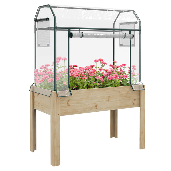 Raised Garden Bed with Plastic Greenhouse Cover and Bed Liner, Outdoor Elevated Wood Planter Box for Herbs and Vegetables, Use for Patio, Backyard, Balcony, 45 x 24 x 65 inch, Natural