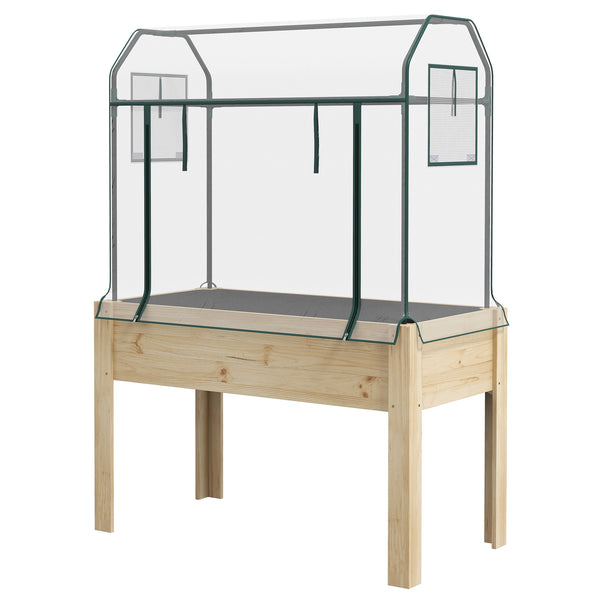 Raised Garden Bed with Plastic Greenhouse Cover and Bed Liner, Outdoor Elevated Wood Planter Box for Herbs and Vegetables, Use for Patio, Backyard, Balcony, 45 x 24 x 65 inch, Natural
