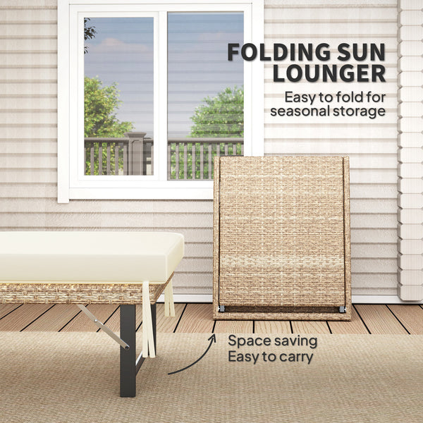 Folding Rattan Sun Lounger, 6-Level Adjustable Garden Lounger Recliner with Cushion, Outdoor Reclining Sunbed, Garden Chair with Steel Frame for Patio, Beach, Terrace, Natural