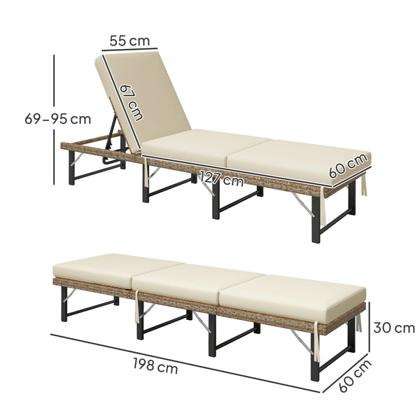 Folding Rattan Sun Lounger, 6-Level Adjustable Garden Lounger Recliner with Cushion, Outdoor Reclining Sunbed, Garden Chair with Steel Frame for Patio, Beach, Terrace, Natural