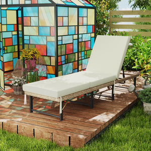 Folding Rattan Sun Lounger, 6-Level Adjustable Garden Lounger Recliner with Cushion, Outdoor Reclining Sunbed, Garden Chair with Steel Frame for Patio, Beach, Terrace, Natural