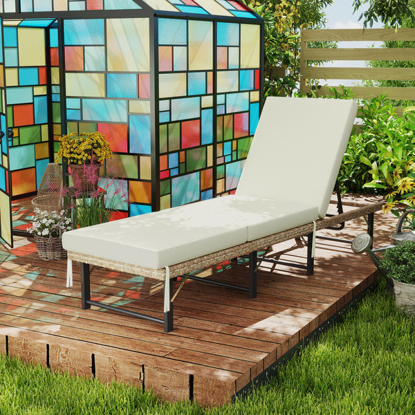 Folding Rattan Sun Lounger, 6-Level Adjustable Garden Lounger Recliner with Cushion, Outdoor Reclining Sunbed, Garden Chair with Steel Frame for Patio, Beach, Terrace, Natural
