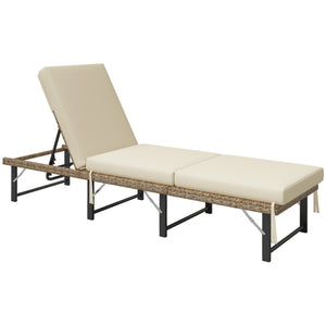 Folding Rattan Sun Lounger, 6-Level Adjustable Garden Lounger Recliner with Cushion, Outdoor Reclining Sunbed, Garden Chair with Steel Frame for Patio, Beach, Terrace, Natural