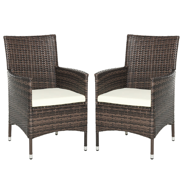 2 Pieces Outdoor PE Rattan Dining Chairs Set with Cushion, Garden Armchair with Armrests, High Backrest, Metal Frame Patio Wicker Furniture, Mixed Brown