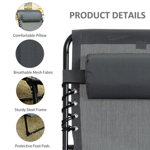 Folding Lounge Chair, Reclining Tanning Chair, Portable Sun Lounger with Adjustable Backrest and Removable Pillow for Patio, Garden, Beach, Grey