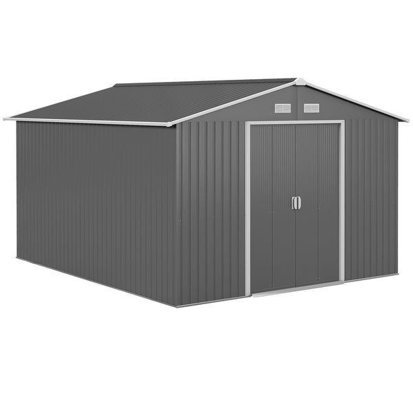 9' x 11' Garden Storage Shed with Foundation Kit, Metal Tool Storage House with Double Doors for Outdoor Patio Yard, Light Grey