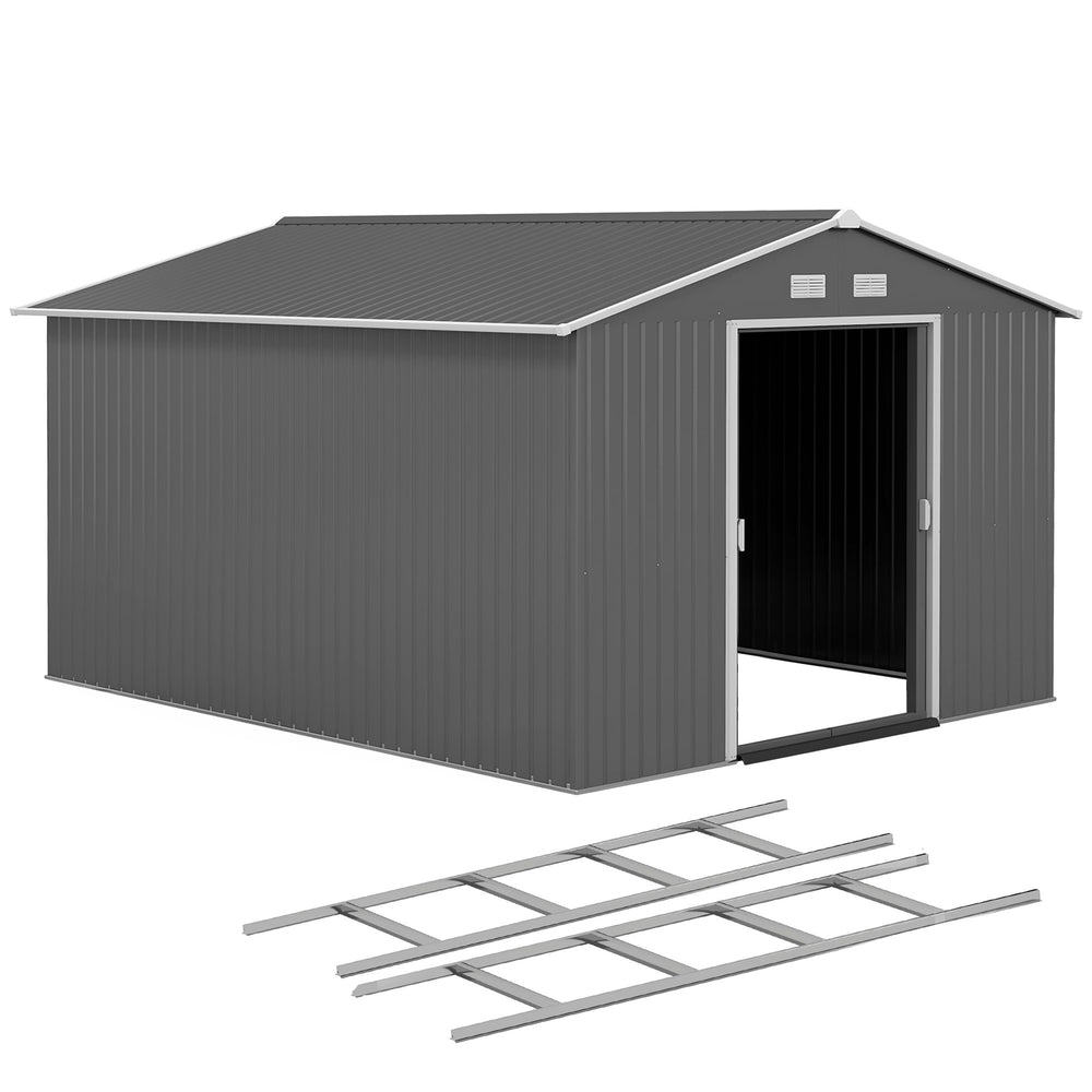9' x 11' Garden Storage Shed with Foundation Kit, Metal Tool Storage House with Double Doors for Outdoor Patio Yard, Light Grey