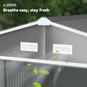 9' x 11' Garden Storage Shed with Foundation Kit, Metal Tool Storage House with Double Doors for Outdoor Patio Yard, Light Grey