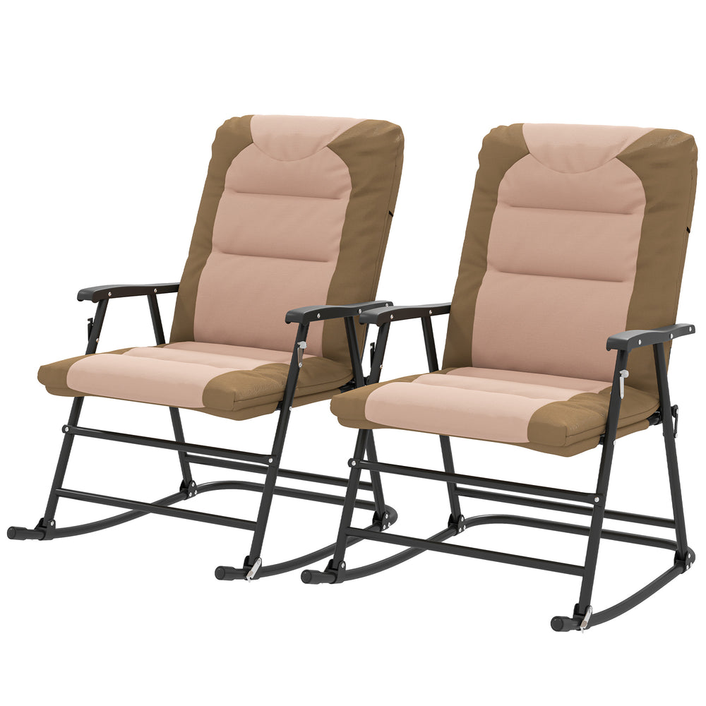 2pc Patio Foldable Rocking Chair Set w/ Soft Padded Seat, Backrest, and Headrest for park, backyard, garden, Light Brown