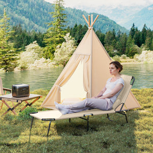 Adjustable Outdoor Lounge Chair, Garden Folding Chaise Lounge with Face Hole Reclining Tanning Chair Seat, Folding Camping Beach Lounging Bed w/ Support Pillow, Beige