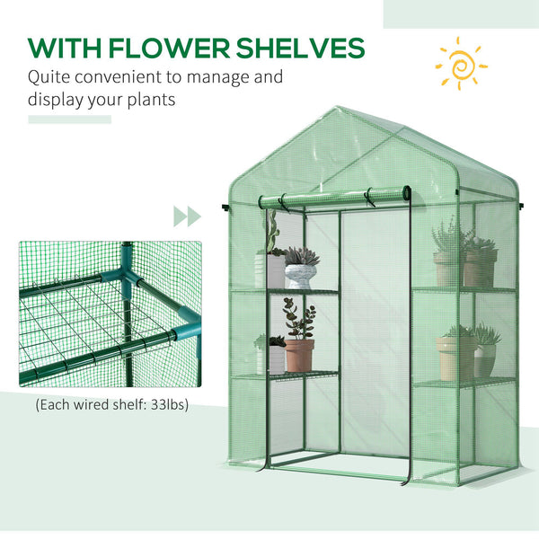 Outsunny 5' x 2.5' x 6.5' Mini Walk-in Greenhouse Kit, Portable Green House with 3 Tier Shelves, Roll-Up Door, and Weatherized PE Cover for Backyard Garden, Green