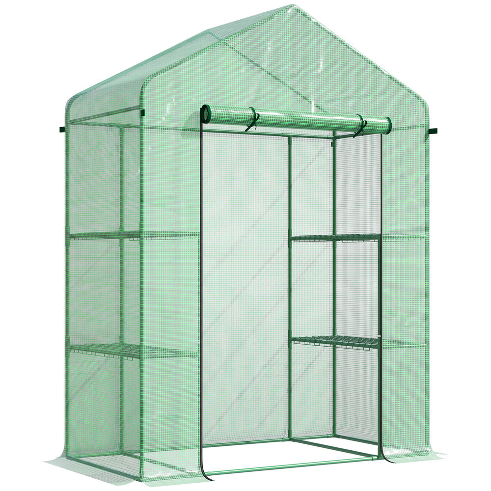 Outsunny 5' x 2.5' x 6.5' Mini Walk-in Greenhouse Kit, Portable Green House with 3 Tier Shelves, Roll-Up Door, and Weatherized PE Cover for Backyard Garden, Green