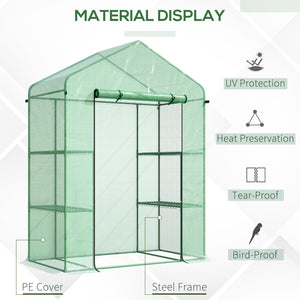 Outsunny 5' x 2.5' x 6.5' Mini Walk-in Greenhouse Kit, Portable Green House with 3 Tier Shelves, Roll-Up Door, and Weatherized PE Cover for Backyard Garden, Green