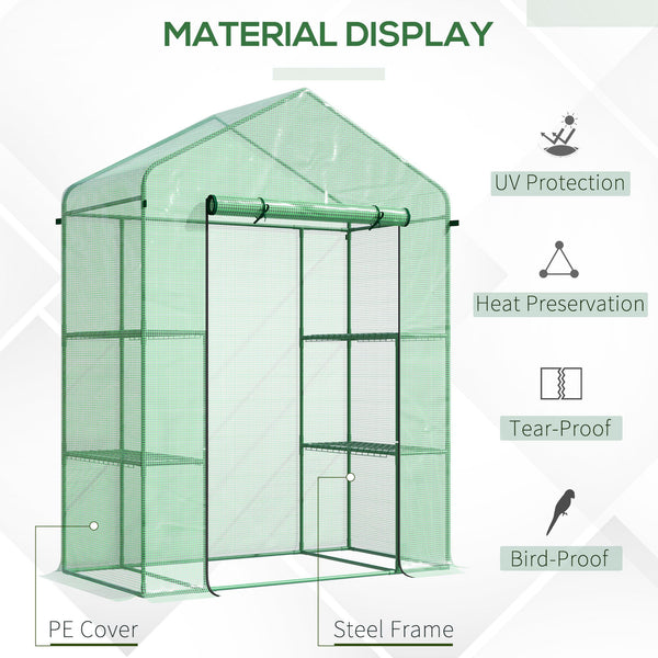 Outsunny 5' x 2.5' x 6.5' Mini Walk-in Greenhouse Kit, Portable Green House with 3 Tier Shelves, Roll-Up Door, and Weatherized PE Cover for Backyard Garden, Green