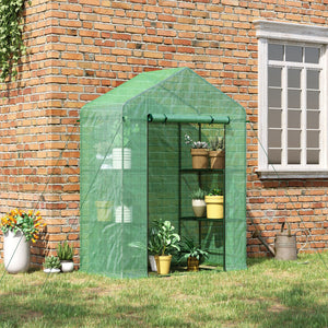 Outsunny 5' x 2.5' x 6.5' Mini Walk-in Greenhouse Kit, Portable Green House with 3 Tier Shelves, Roll-Up Door, and Weatherized PE Cover for Backyard Garden, Green