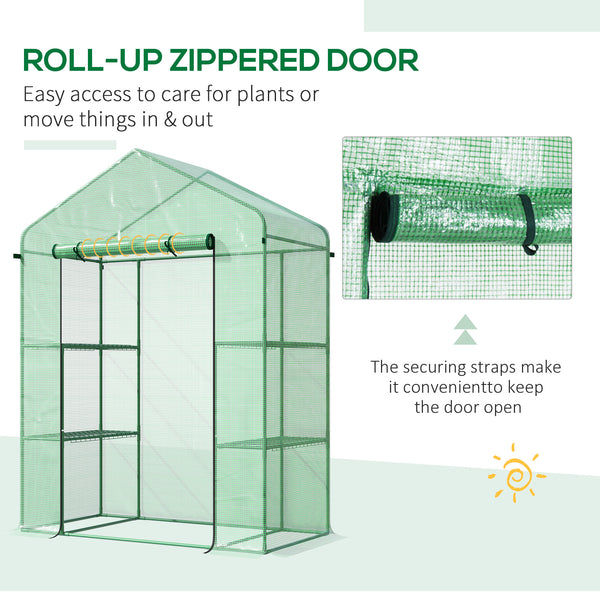 Outsunny 5' x 2.5' x 6.5' Mini Walk-in Greenhouse Kit, Portable Green House with 3 Tier Shelves, Roll-Up Door, and Weatherized PE Cover for Backyard Garden, Green