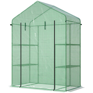 Outsunny 5' x 2.5' x 6.5' Mini Walk-in Greenhouse Kit, Portable Green House with 3 Tier Shelves, Roll-Up Door, and Weatherized PE Cover for Backyard Garden, Green