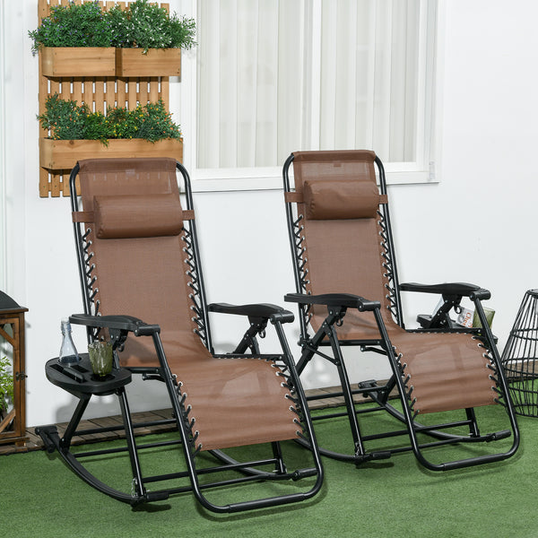 Outsunny Set of 2 Outdoor Rocking Chairs, Foldable Reclining Zero Gravity Lounge Rocker with Pillow, Cup & Phone Holder, Combo Design with Folding Legs, Brown