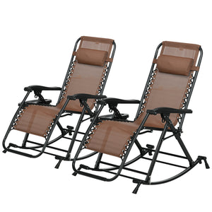 Outsunny Set of 2 Outdoor Rocking Chairs, Foldable Reclining Zero Gravity Lounge Rocker with Pillow, Cup & Phone Holder, Combo Design with Folding Legs, Brown