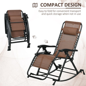 Outsunny Set of 2 Outdoor Rocking Chairs, Foldable Reclining Zero Gravity Lounge Rocker with Pillow, Cup & Phone Holder, Combo Design with Folding Legs, Brown