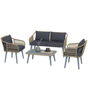 4 Piece Rattan Garden Furniture Set with Loveseat, 2 Armchairs, Acacia Wood Table, Steel Frame 4 Seater Wicker Patio Conversation Set with Thick Cushions for Outdoor, Grey