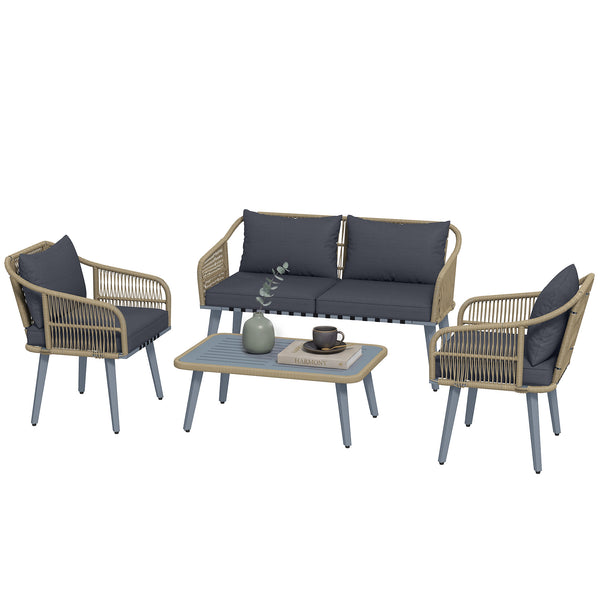 4 Piece Rattan Garden Furniture Set with Loveseat, 2 Armchairs, Acacia Wood Table, Steel Frame 4 Seater Wicker Patio Conversation Set with Thick Cushions for Outdoor, Grey