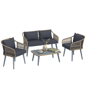 4 Piece Rattan Garden Furniture Set with Loveseat, 2 Armchairs, Acacia Wood Table, Steel Frame 4 Seater Wicker Patio Conversation Set with Thick Cushions for Outdoor, Grey