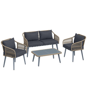 4 Piece Rattan Garden Furniture Set with Loveseat, 2 Armchairs, Acacia Wood Table, Steel Frame 4 Seater Wicker Patio Conversation Set with Thick Cushions for Outdoor, Grey