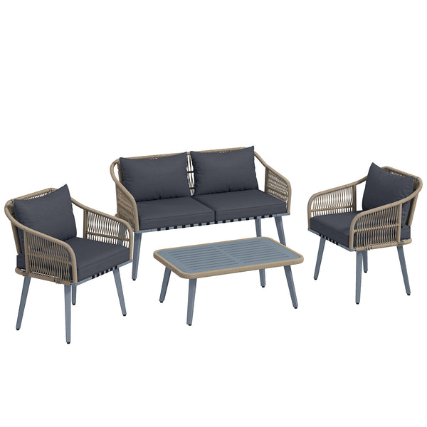 4 Piece Rattan Garden Furniture Set with Loveseat, 2 Armchairs, Acacia Wood Table, Steel Frame 4 Seater Wicker Patio Conversation Set with Thick Cushions for Outdoor, Grey