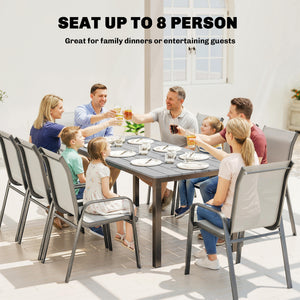 Garden Dining Table for 6-8 Person, 180 x 86 cm Rectangular Outdoor Dining Table with Wood Slatted Top and Steel Frame, All Weather Patio Furniture for Balcony, Porch, Grey