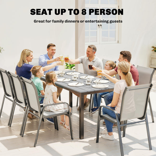 Garden Dining Table for 6-8 Person, 180 x 86 cm Rectangular Outdoor Dining Table with Wood Slatted Top and Steel Frame, All Weather Patio Furniture for Balcony, Porch, Grey