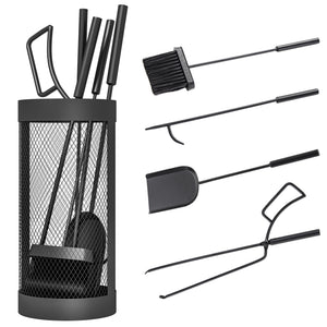 Fireplace Tools Set 5 Pieces Metal Fire Place Kit, Outdoor Indoor Fireside Accessories with Brush, Shovel, Poker, A Pair of Tongs, Mesh Basket, Black