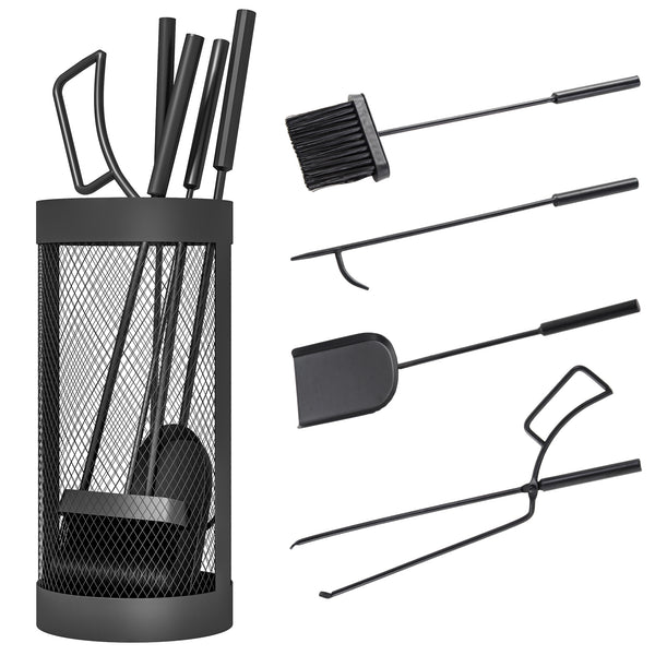 Fireplace Tools Set 5 Pieces Metal Fire Place Kit, Outdoor Indoor Fireside Accessories with Brush, Shovel, Poker, A Pair of Tongs, Mesh Basket, Black