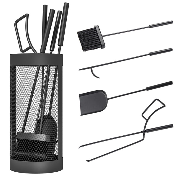 5-Piece Fireplace Companion Set, Metal Fireplace Tools Set with Brush, Shovel, Poker, Tongs and Bucket, Fireside Companion for Indoor or Outdoor Fireplaces, Chimineas, Fire Pits