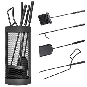 Fireplace Tools Set 5 Pieces Metal Fire Place Kit, Outdoor Indoor Fireside Accessories with Brush, Shovel, Poker, A Pair of Tongs, Mesh Basket, Black