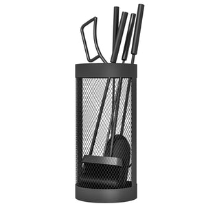 Fireplace Tools Set 5 Pieces Metal Fire Place Kit, Outdoor Indoor Fireside Accessories with Brush, Shovel, Poker, A Pair of Tongs, Mesh Basket, Black