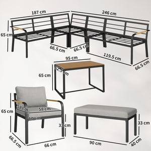 7 Seater Garden Furniture Set with 2 Loveseats, Armchair, 2 Armless Chairs, Footstool, Faux Wood Table, Metal Garden Sofa Set with Cushions, Outdoor Furniture Conversation Sets, Light Grey