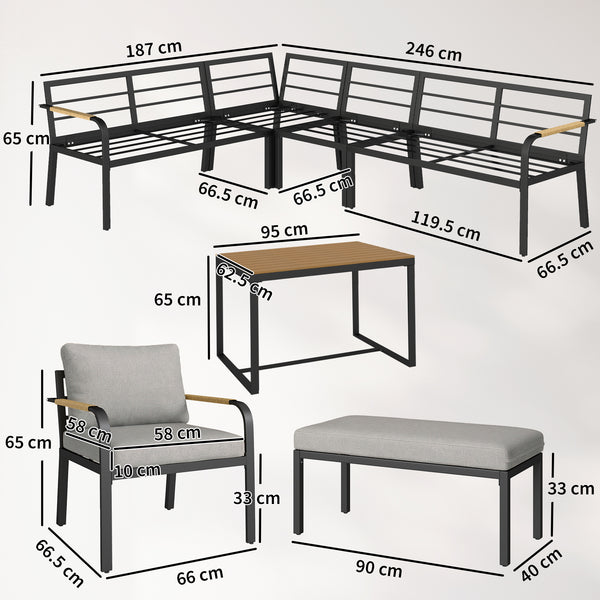 7 Seater Garden Furniture Set with 2 Loveseats, Armchair, 2 Armless Chairs, Footstool, Faux Wood Table, Metal Garden Sofa Set with Cushions, Outdoor Furniture Conversation Sets, Light Grey