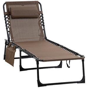 Folding Lounge Chair, Reclining Tanning Chair, Portable Sun Lounger with Adjustable Backrest and Removable Pillow for Patio, Garden, Beach, Brown