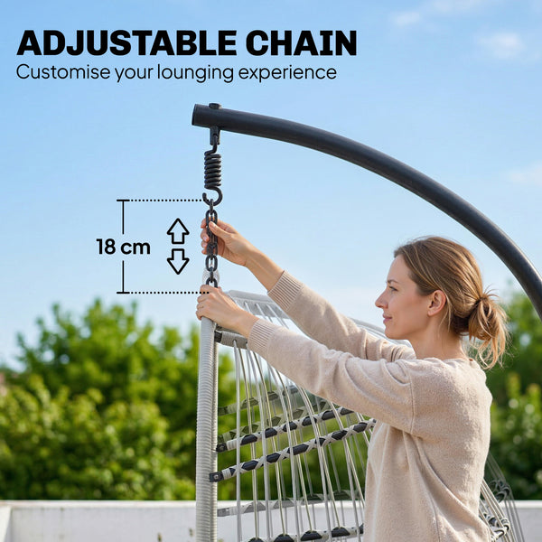 Hanging Egg Chair, Indoor Outdoor Hammock Swing Chair with Stand, Safety Strap, Foldable Basket, Thick Cushions, Headrest, Adjustable Height, Metal Frame for Garden Balcony, Light Grey
