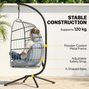 Hanging Egg Chair, Indoor Outdoor Hammock Swing Chair with Stand, Safety Strap, Foldable Basket, Thick Cushions, Headrest, Adjustable Height, Metal Frame for Garden Balcony, Light Grey