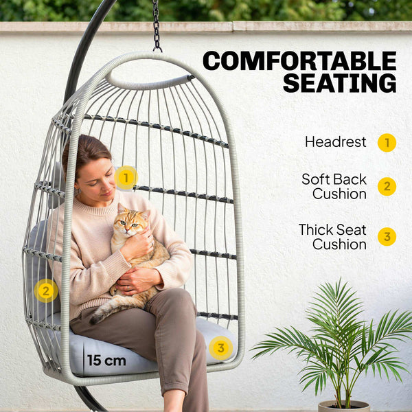 Hanging Egg Chair, Indoor Outdoor Hammock Swing Chair with Stand, Safety Strap, Foldable Basket, Thick Cushions, Headrest, Adjustable Height, Metal Frame for Garden Balcony, Light Grey