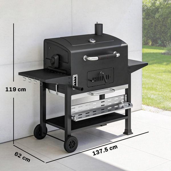 Charcoal BBQ Grill Smoker with Electric Rotisserie Kit, Portable Barbecue Grill with Warming Rack, Foldable Side Tables, Spice Rack, Hooks, Thermometer, Wheels for Outdoor Cooking, Black