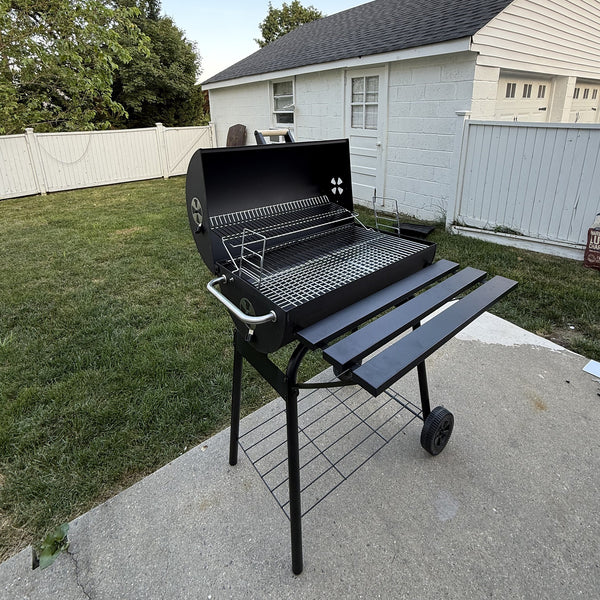 30" Portable Barrel Charcoal BBQ Grill with 370 Square Inches Cooking Space & Storage Shelf for Garden Camping Picnic, Black