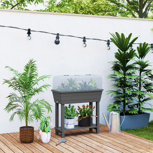 41L Self Watering Raised Garden Bed with Ventilation Transparent Lid Greenhouse, Storage Shelf, Planter Box with Water Level Indicator, 29.5" x 14.2" x 36.2", Dark Grey