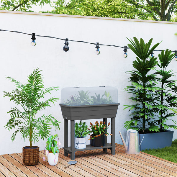 41L Self Watering Raised Garden Bed with Ventilation Transparent Lid Greenhouse, Storage Shelf, Planter Box with Water Level Indicator, 29.5" x 14.2" x 36.2", Dark Grey